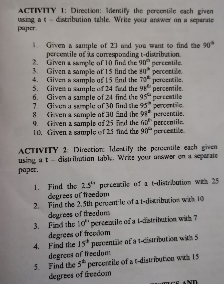 Answer these problems on paper. Thank you! ACTIVITY 1: Direction: Identify the