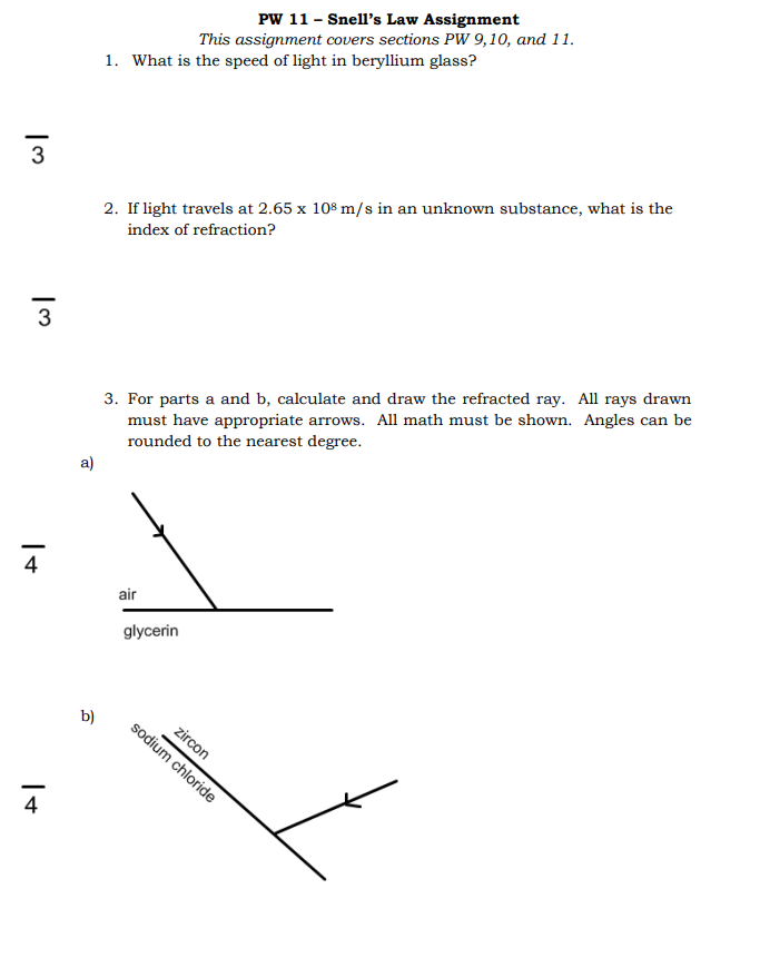 PW 11 - Snell's Law Assignment This assignment covers sections PW