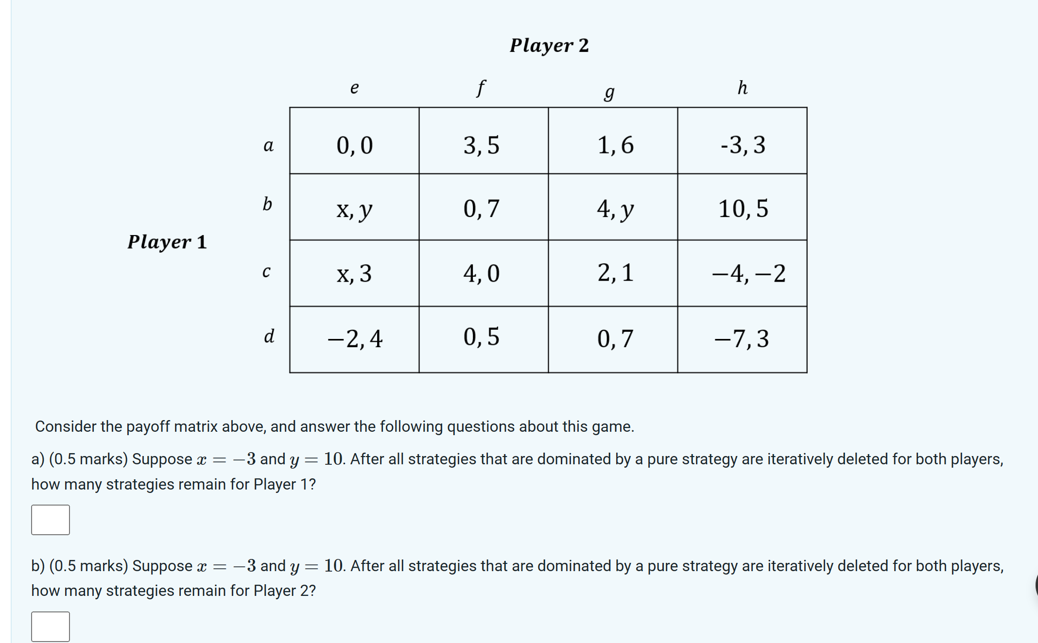 Player 2 4, y 10, 5 Player 1 Consider the payoff