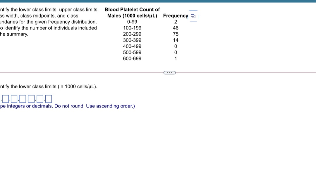Identify the lower class limits, upper class limits, class width, class midpoints,