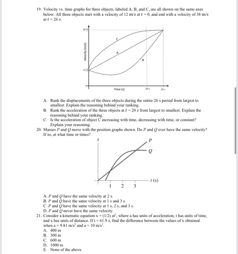  19. Velocity vs. time graphs for three objects, labeled A, B,