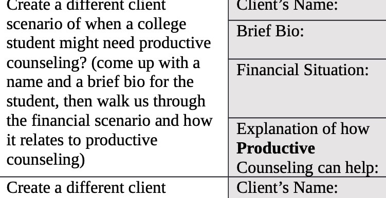  Create a different client Client's Name: scenario of when a college