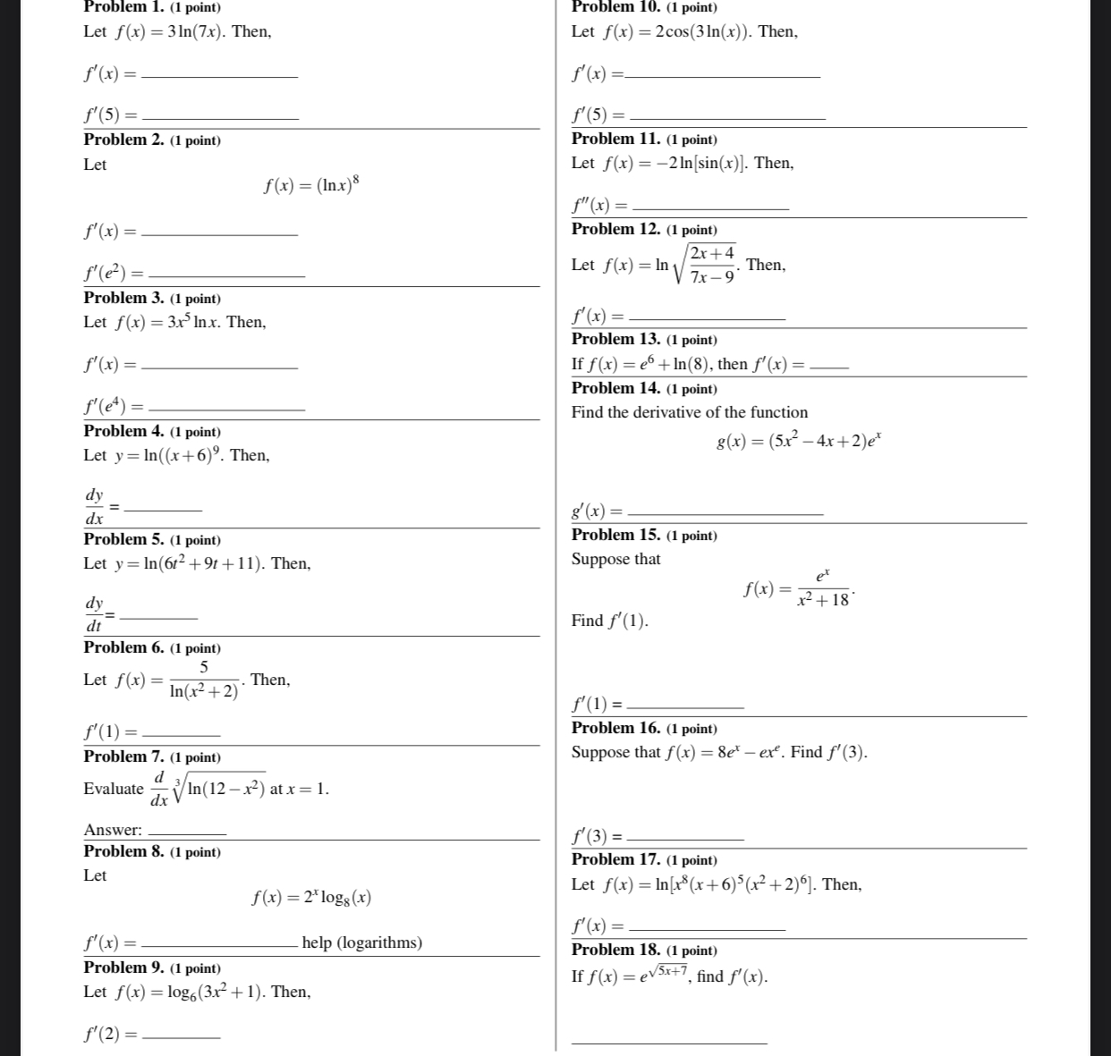  Problem 1. (1 point) Problem 10. (1 point) Let f(x) =