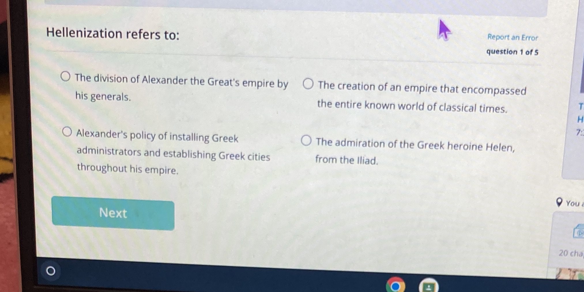  Report an Error Hellenization refers to: question 1 of 5 O