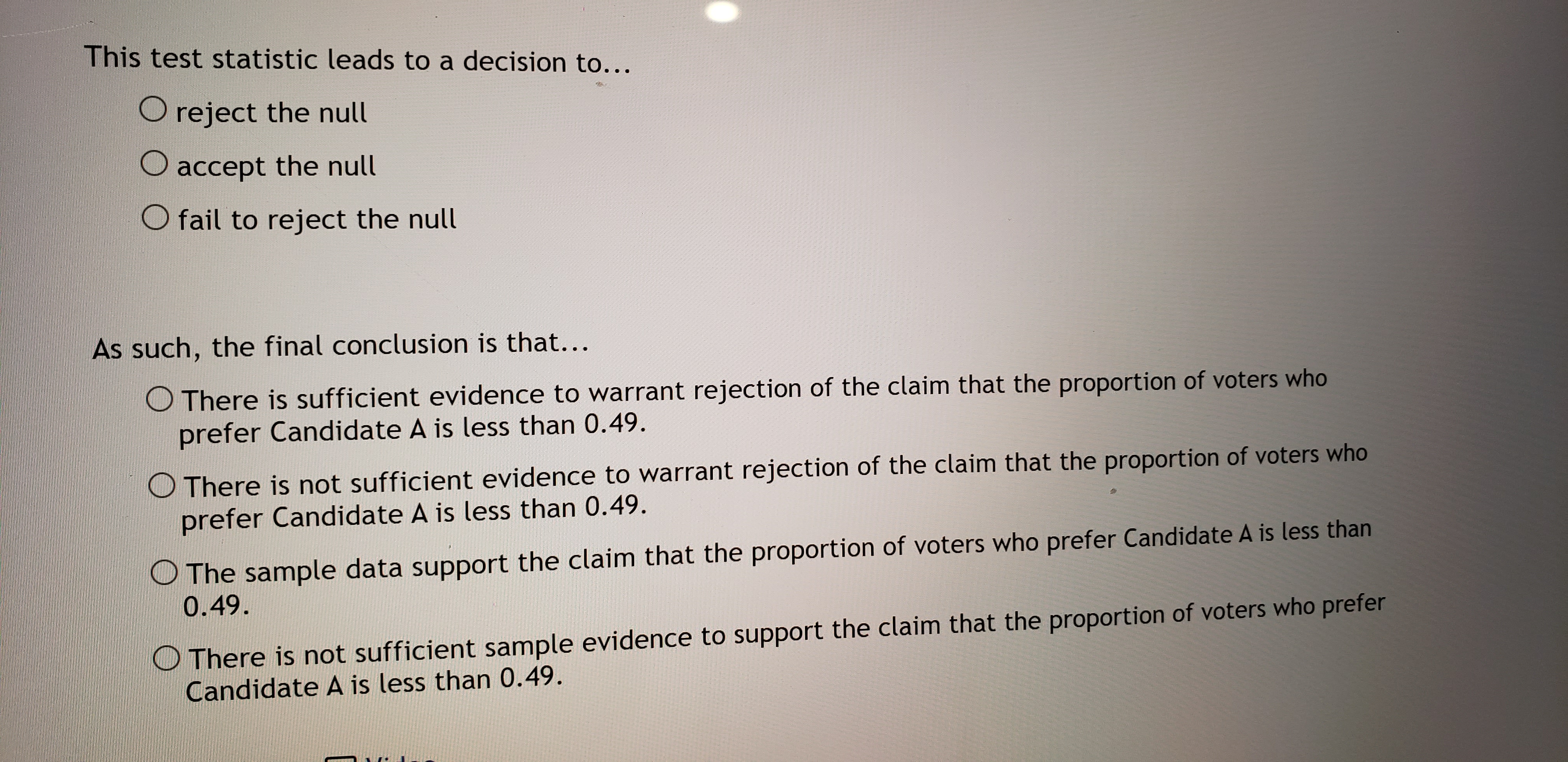 This test statistic leads to a decision to... O reject the