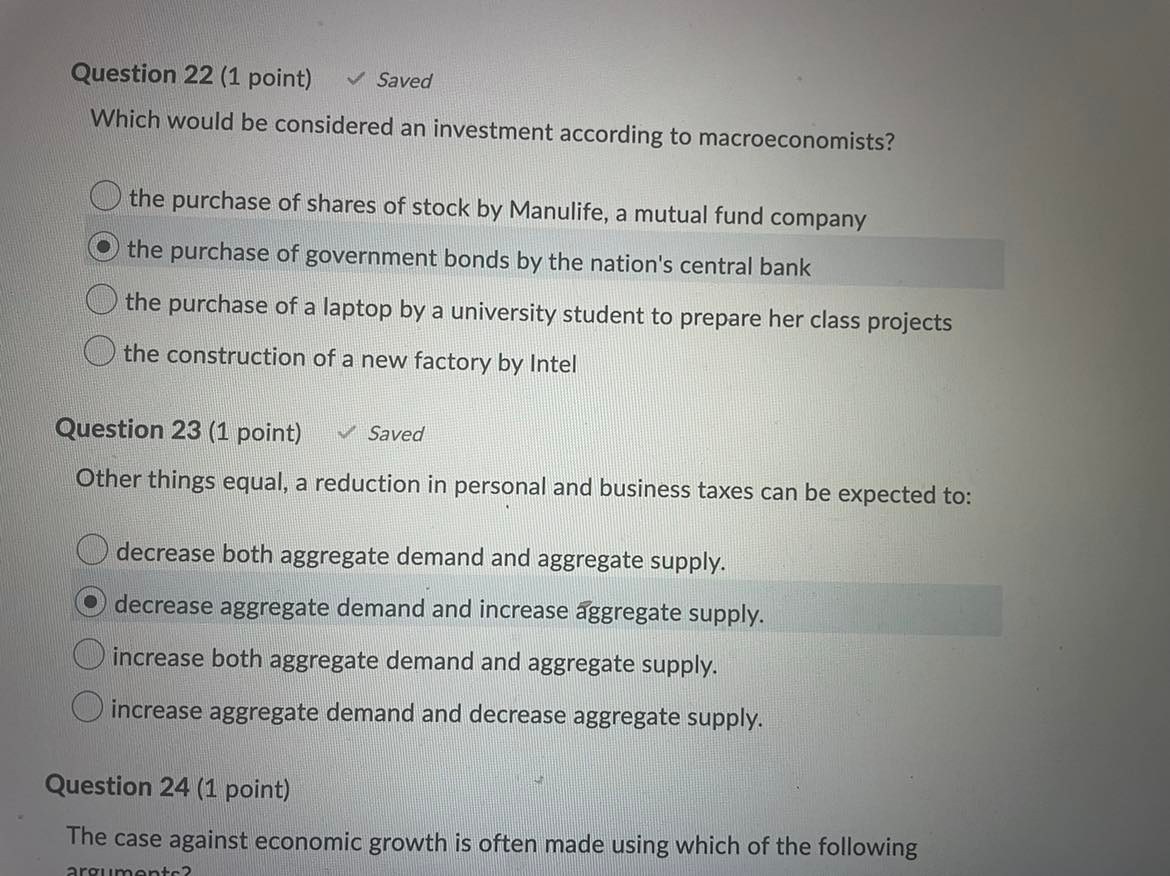 Question 22 (1 point) Saved Which would be considered an investment