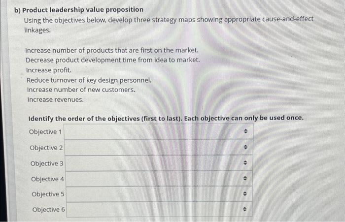  Product leadership value proposition Using the objectives below, develop three strategy