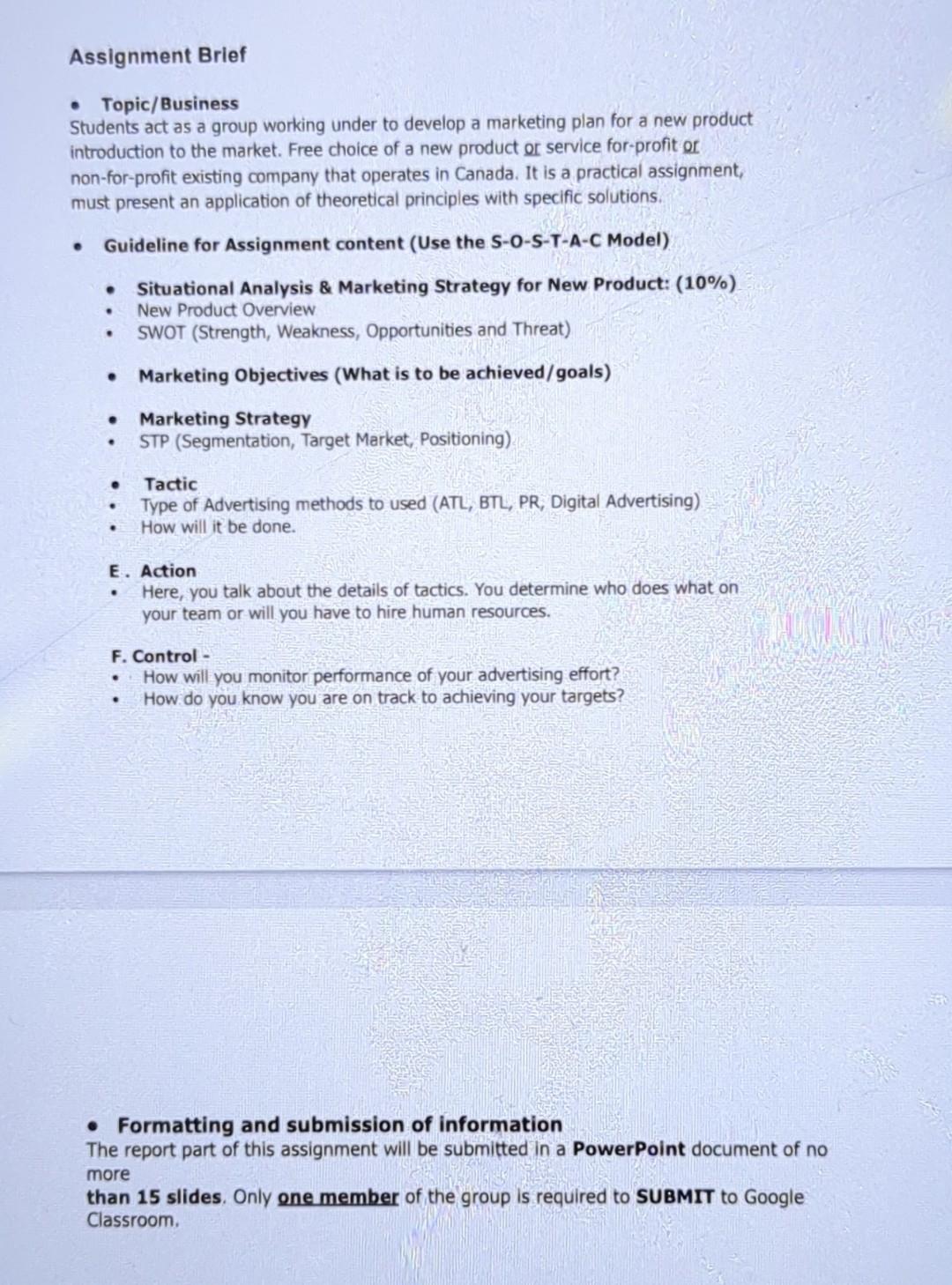  Assignment Brief - Topic/Business Students act as a group working under