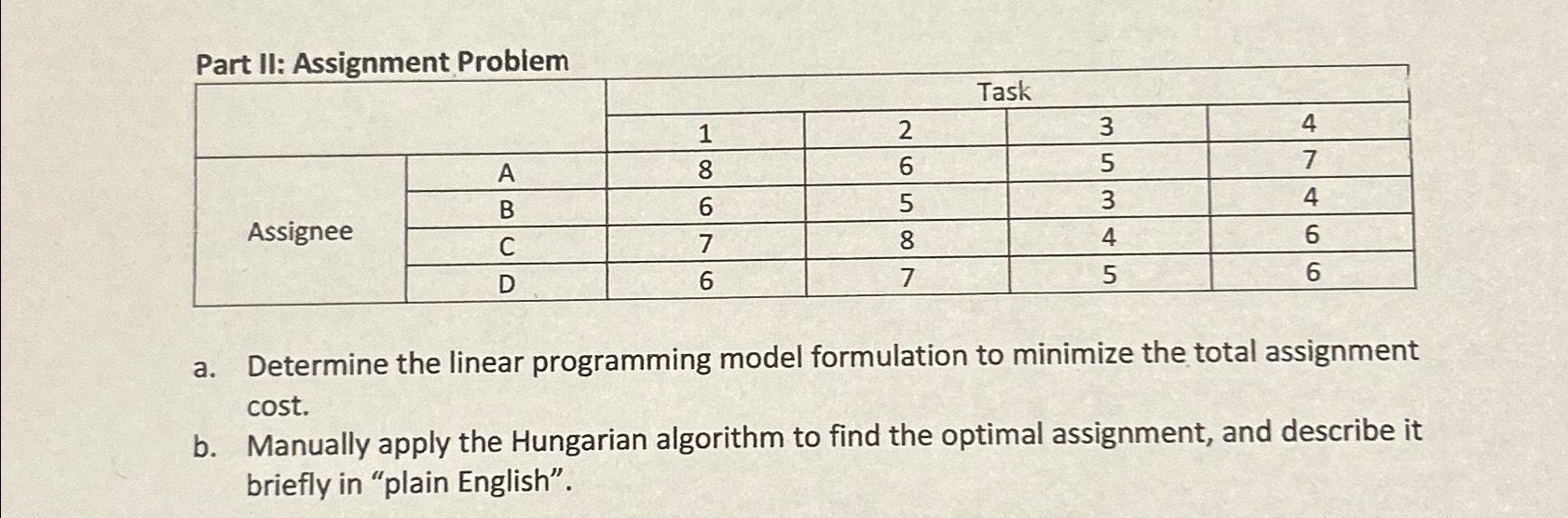  Part II: Assignment Problem \table[[,Task],[,1,2,3,4],[Assignee,A,8,6,5,7],[B,6,5,3,4],[C,7,8,4,6],[,D,6,7,5,6]] a. Determine the linear programming model
