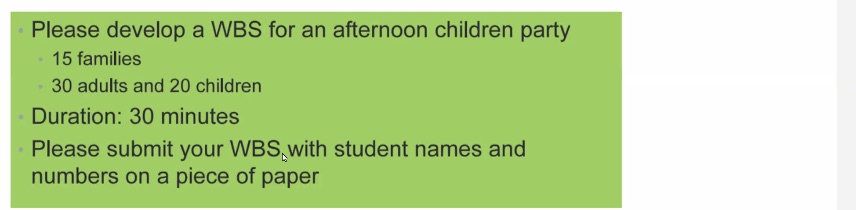 Please develop a WBS for an afternoon children party 15 families
