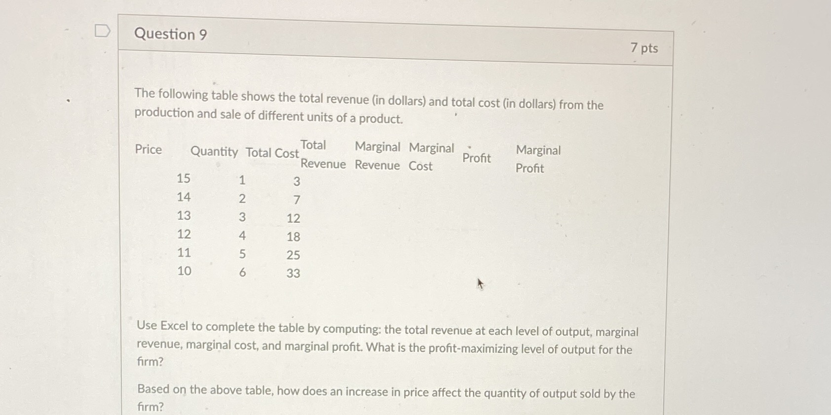 Hurry please D Question 9 7 pts The following table shows the
