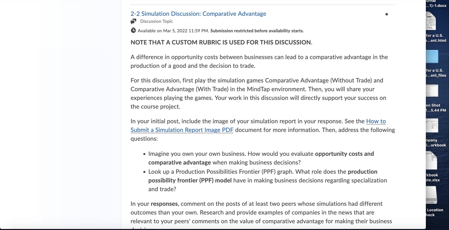 2-2 Simulation Discussion: Comparative Advantage I .5 Discussion Topic 0 Available