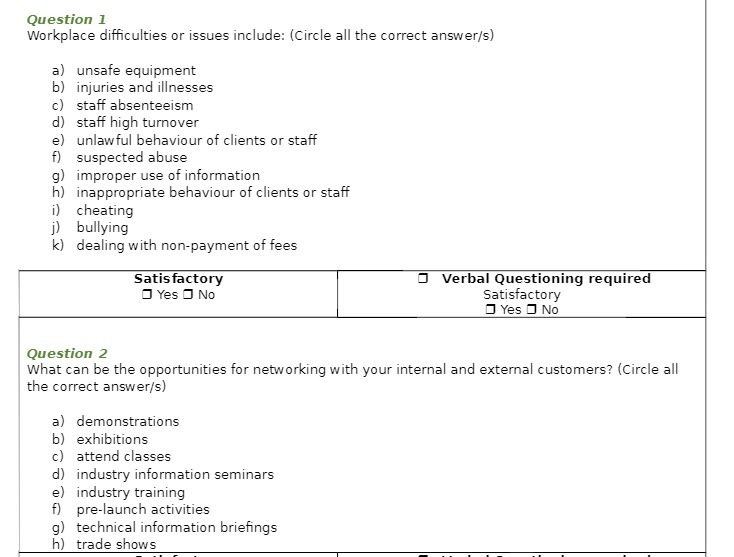 Question 1 Workplace difficulties or issues include: (Circle all the correct