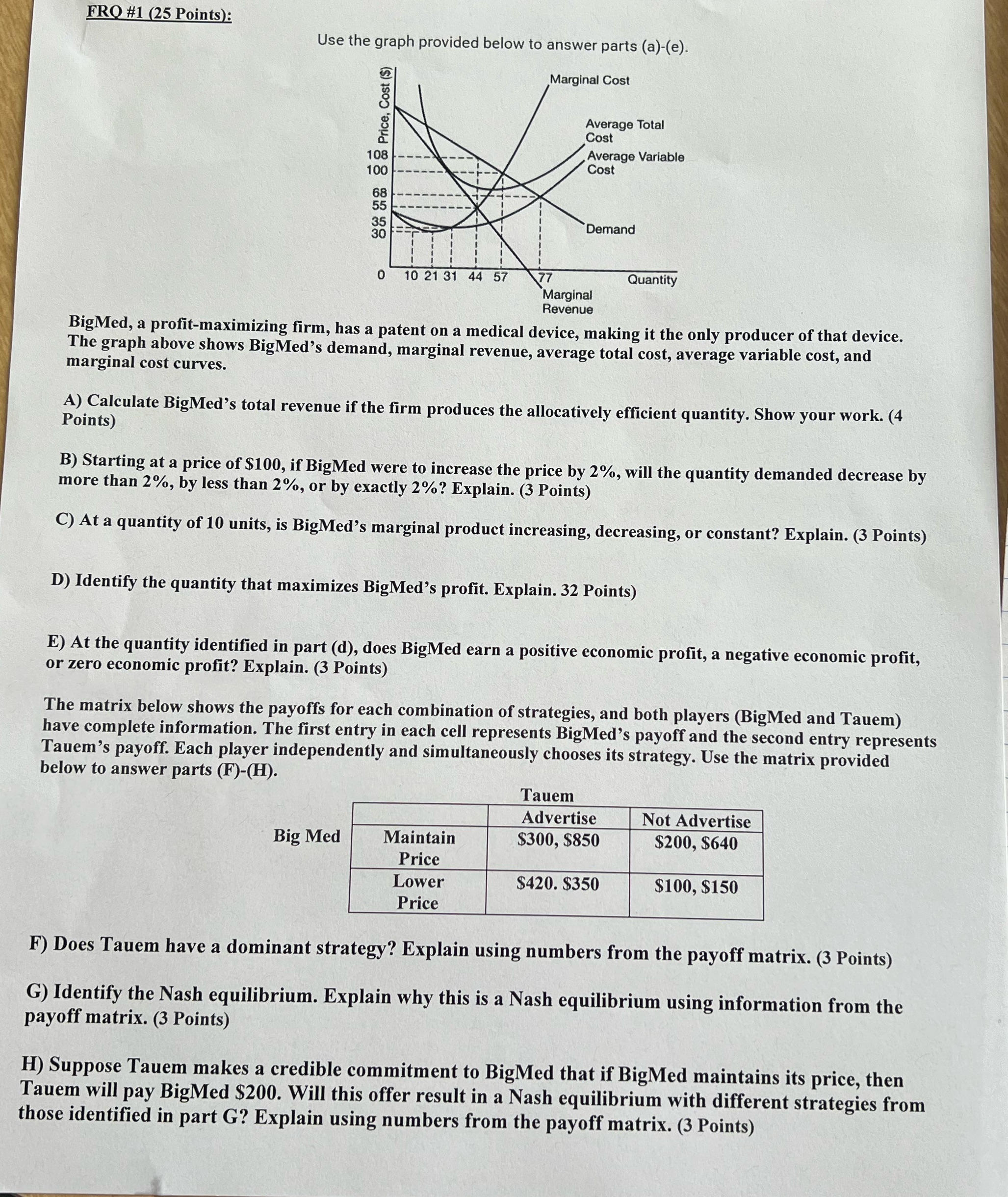 Show work n explain FRQ #1 (25 Points): Use the graph provided