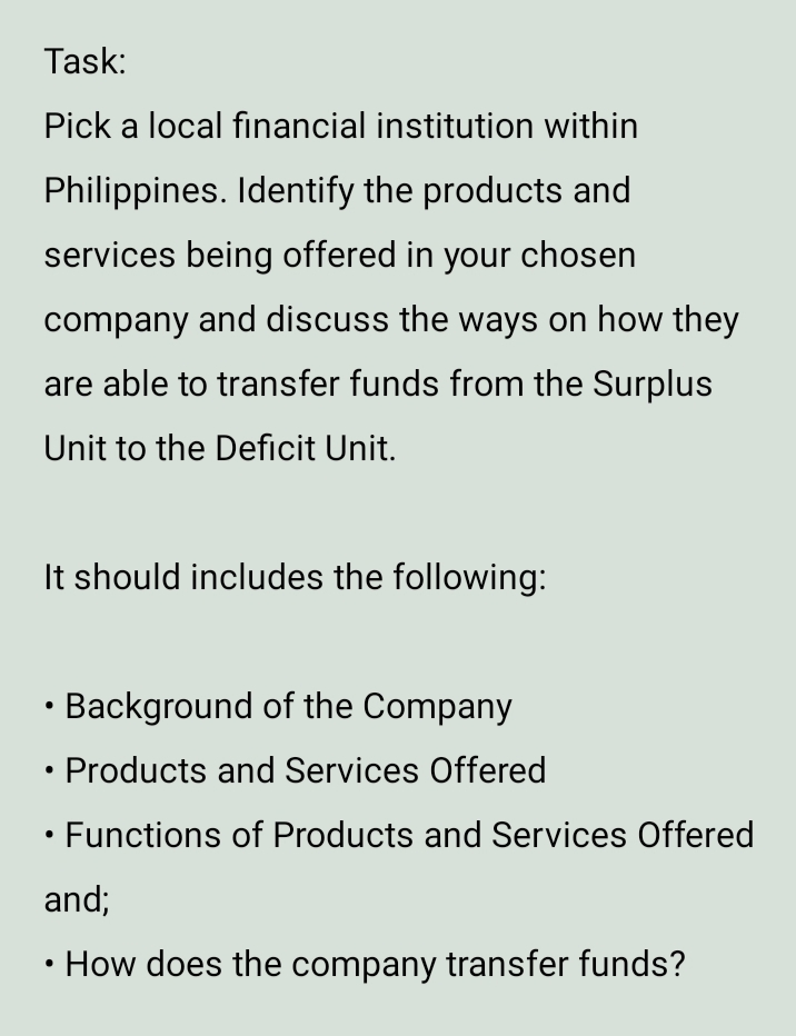 Task: Pick a local financial institution within Philippines. Identify the products