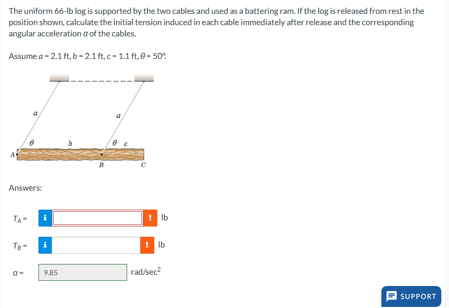  The uniform 66-lb log is supported by the two cables and