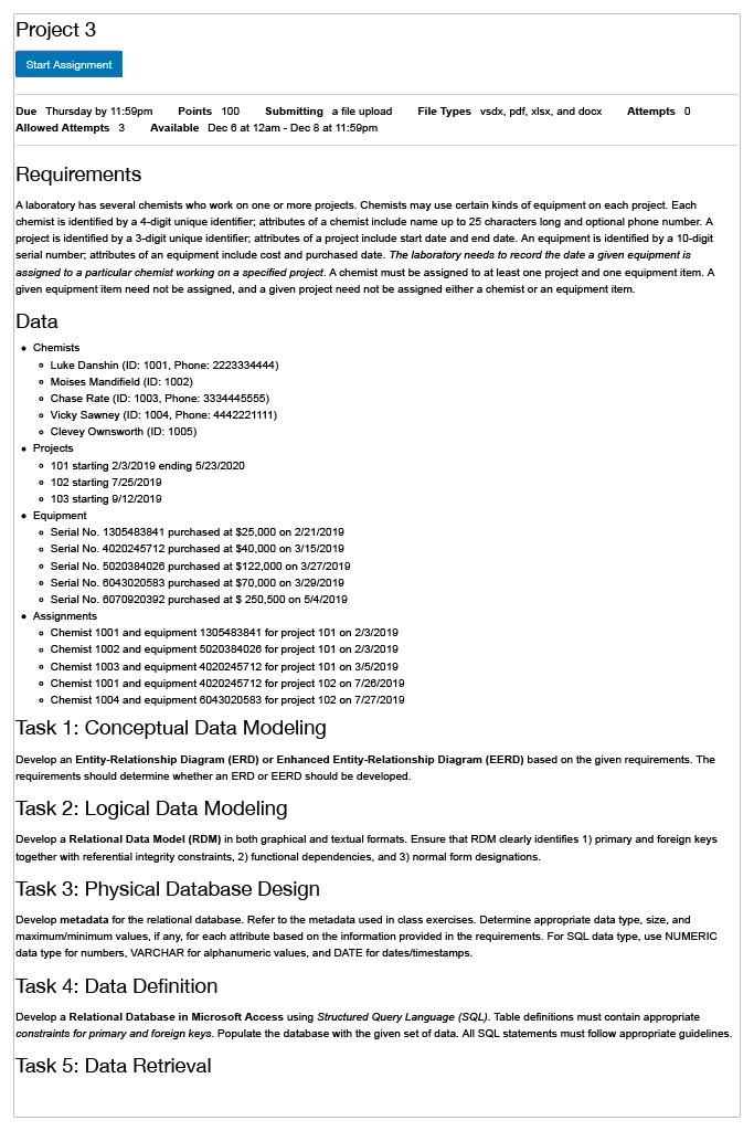 Intro to Database Management Project 3 Start Assignment Due Thursday by 11:59pm