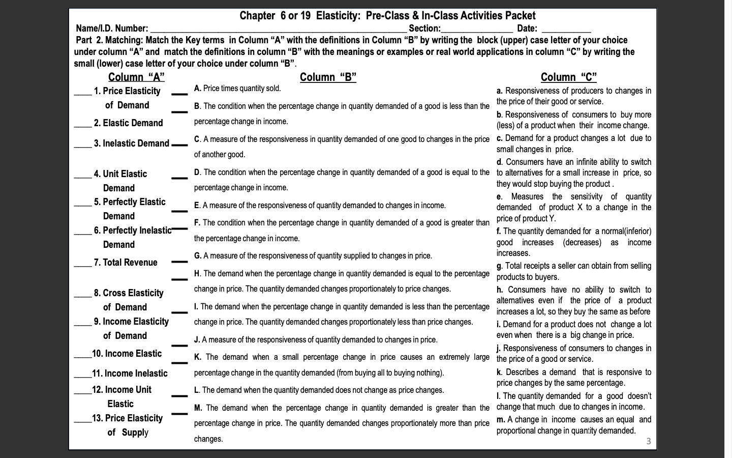 Part 2. Matching: Match the Key terms in Column "A" with the
