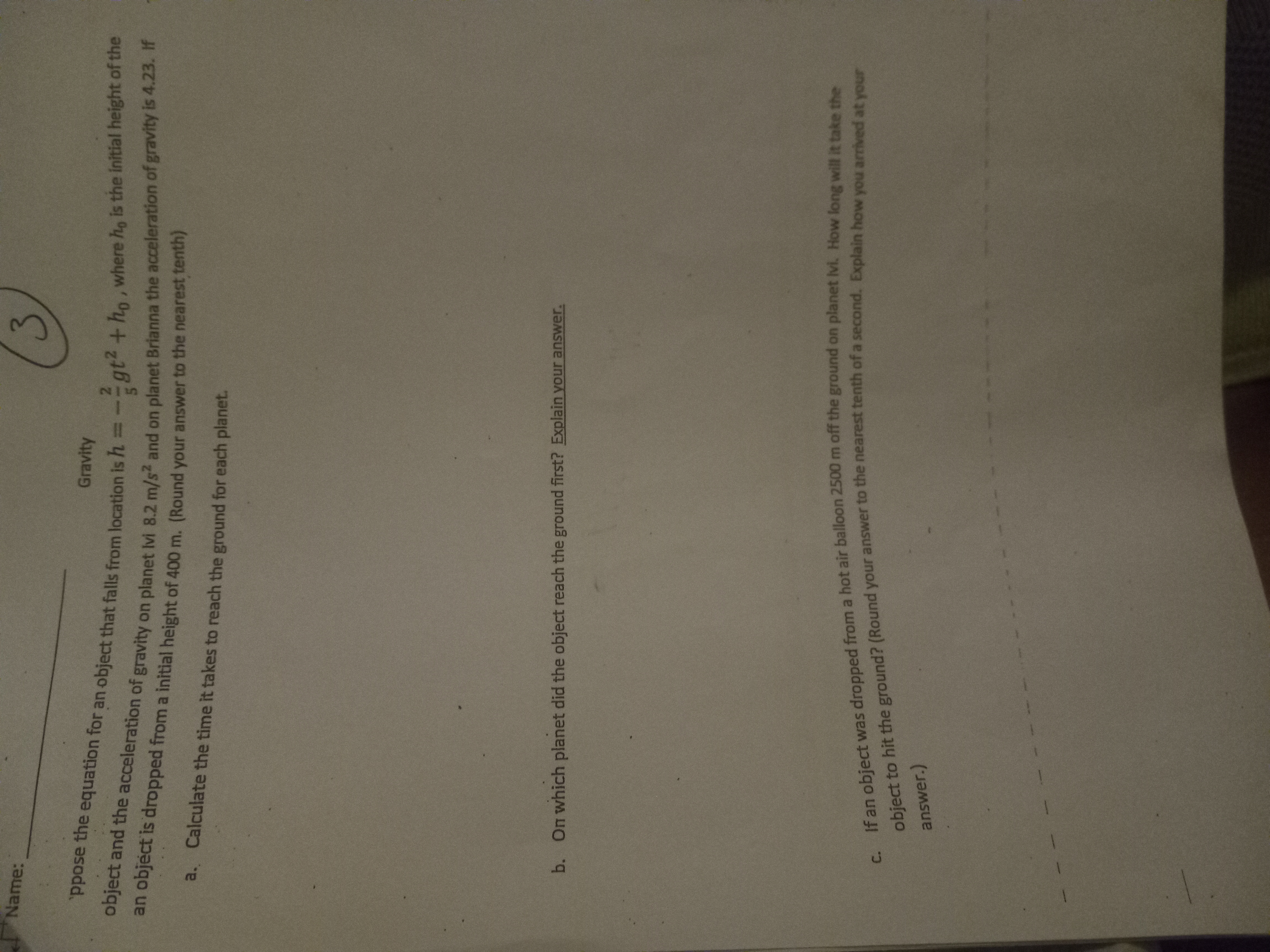 Name: ppose the equation for an object that falls from location