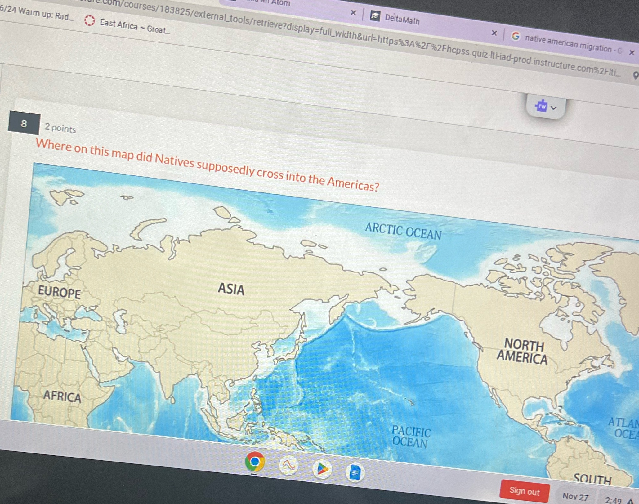 Where on this map did Natives supposedly cross into the Americas? tom