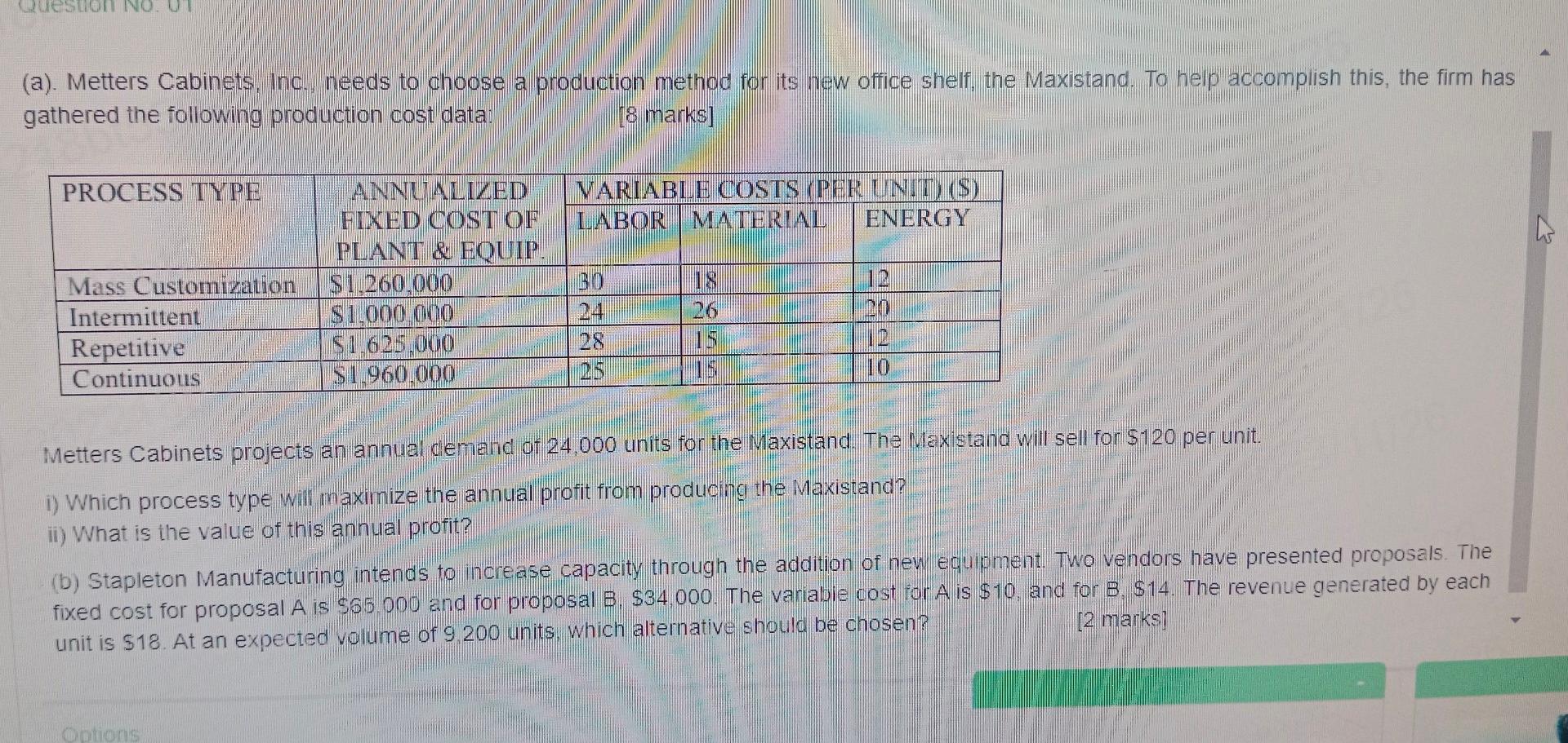 (a). Metters Cabinets, Inc., needs to choose a production method for