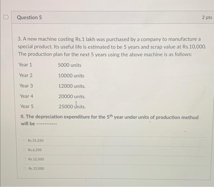 D Question 5 2 pts 3. A new machine costing Rs.1