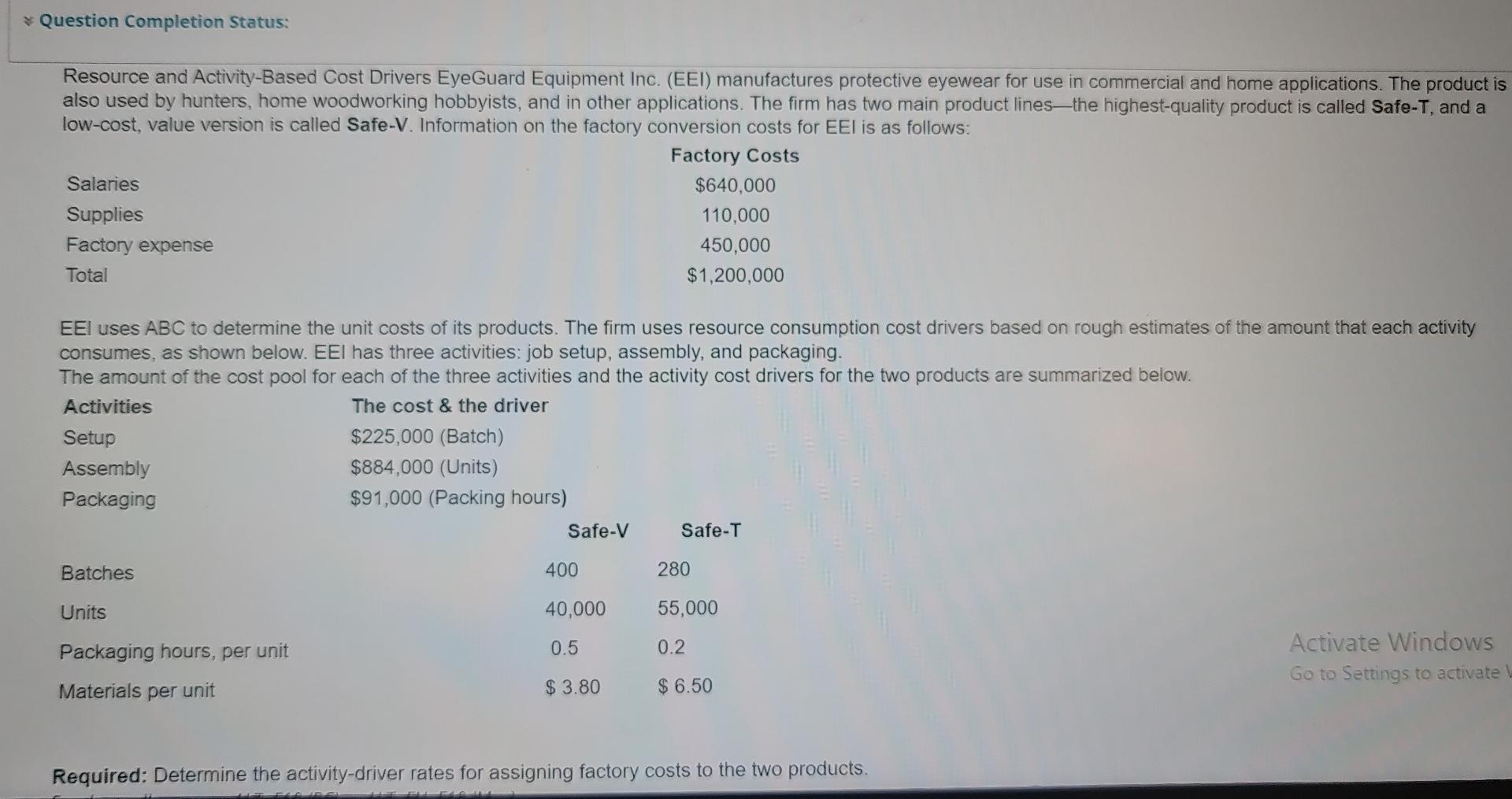 Question Completion Status: Resource and Activity-Based Cost Drivers EyeGuard Equipment Inc.