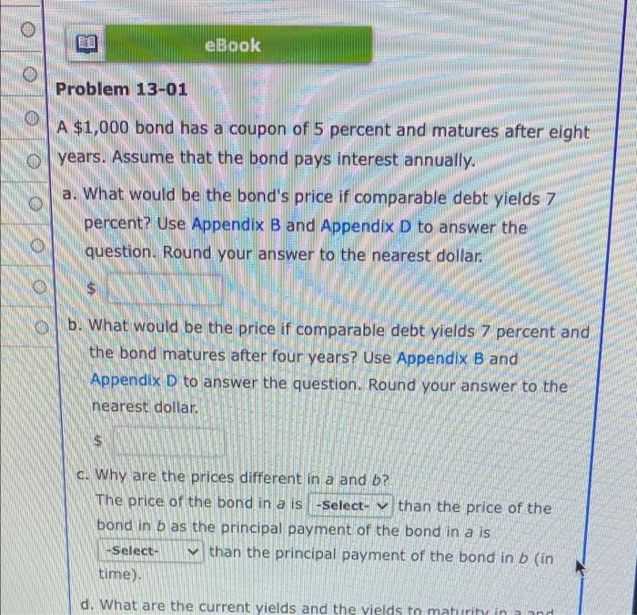 finance bond pricing and yeilds problem eBook Problem 13-01 A $1,000 bond