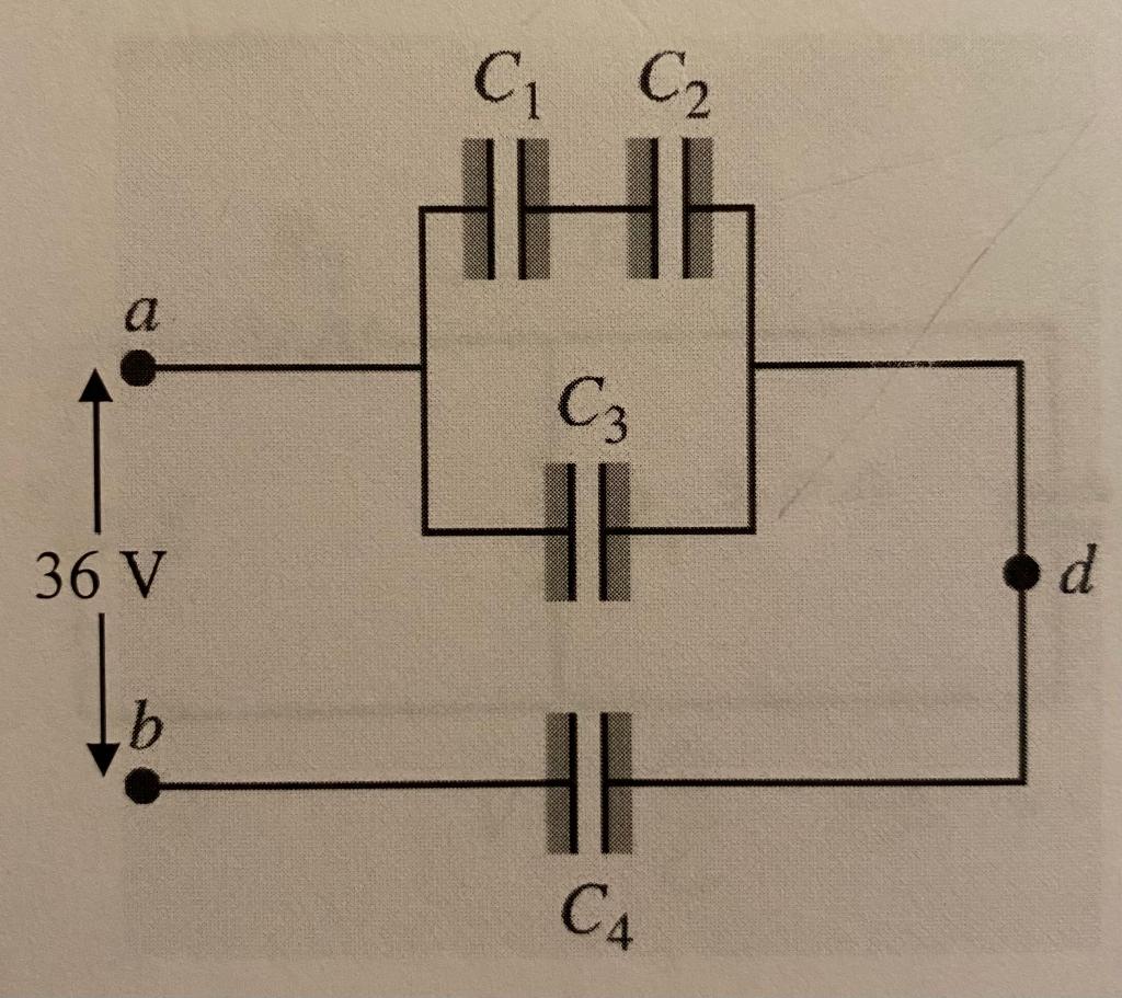 Four capacitors are connected across a 36-V voltage source as shown in