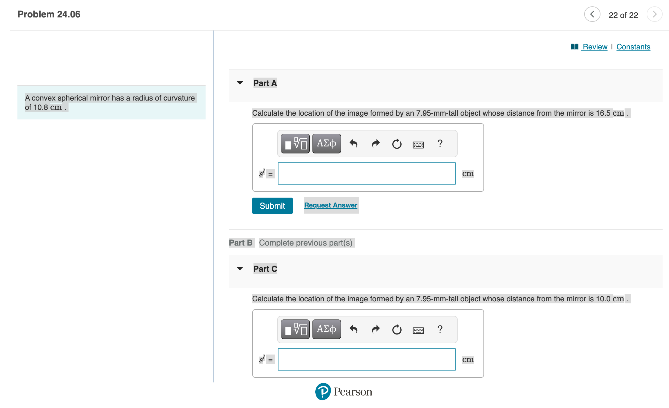 Problem 24.06 A convex spherical mirror has a radius of curvature of