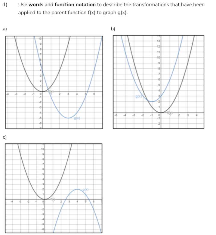  1) Use words and function notation to describe the transformations that
