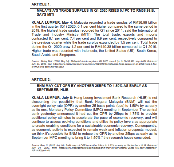please help me to answer this question ARTICLE 1: MALAYSIA'S TRADE SURPLUS