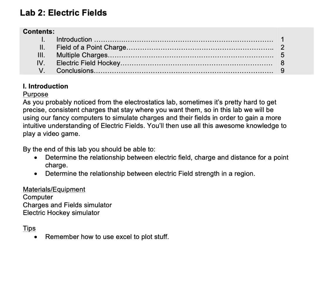 Lab 2: Electric Fields Contents: I. Introduction ............................................................................... 1 II. Field