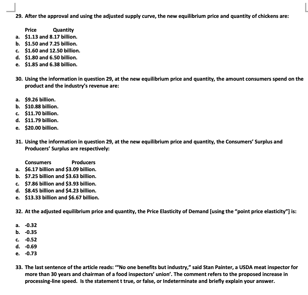 The Demand Curve for chickens is estimated by the equation (In =