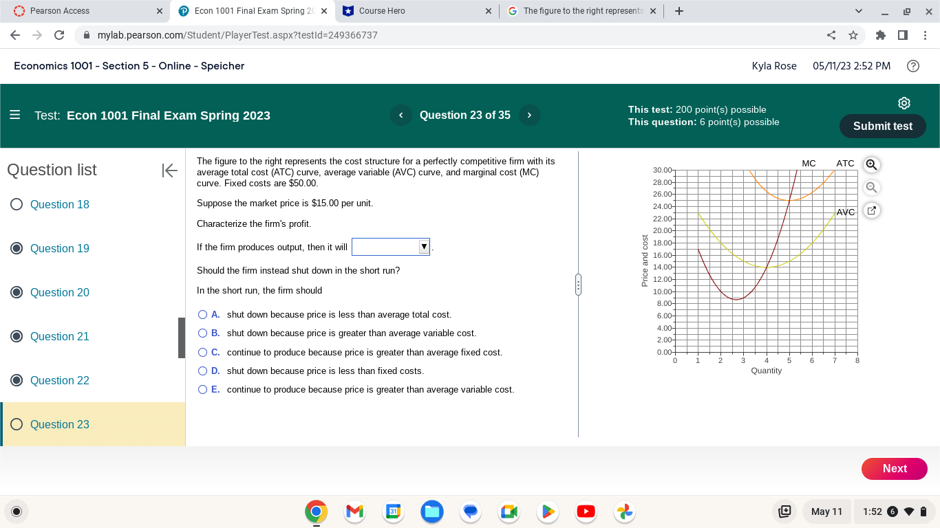 Pearson Access X Econ 1001 Final Exam Spring 20 X Course