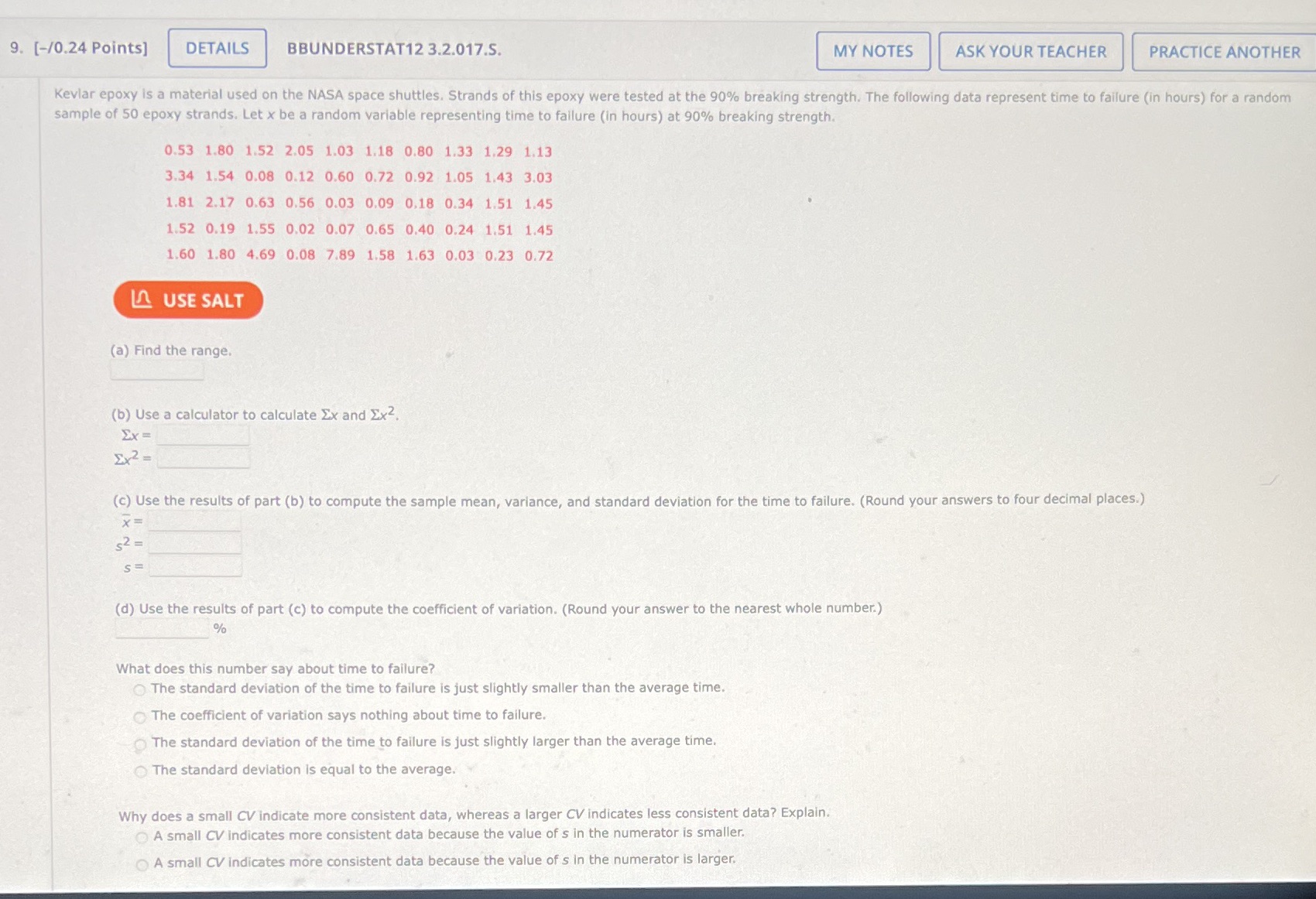  9. [-/0.24 Points] DETAILS BBUNDERSTAT12 3.2.017.5. MY NOTES ASK YOUR TEACHER
