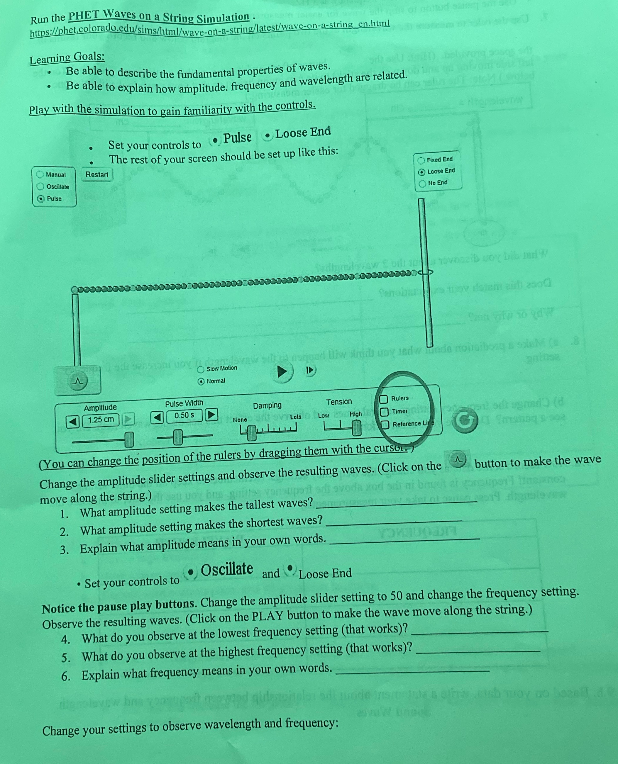 Run the PHET Waves on a String Simulation . https://phet.colorado.edu/sims/html/wave-on-a-string/latest/wave-on-a-string_en.html Learning