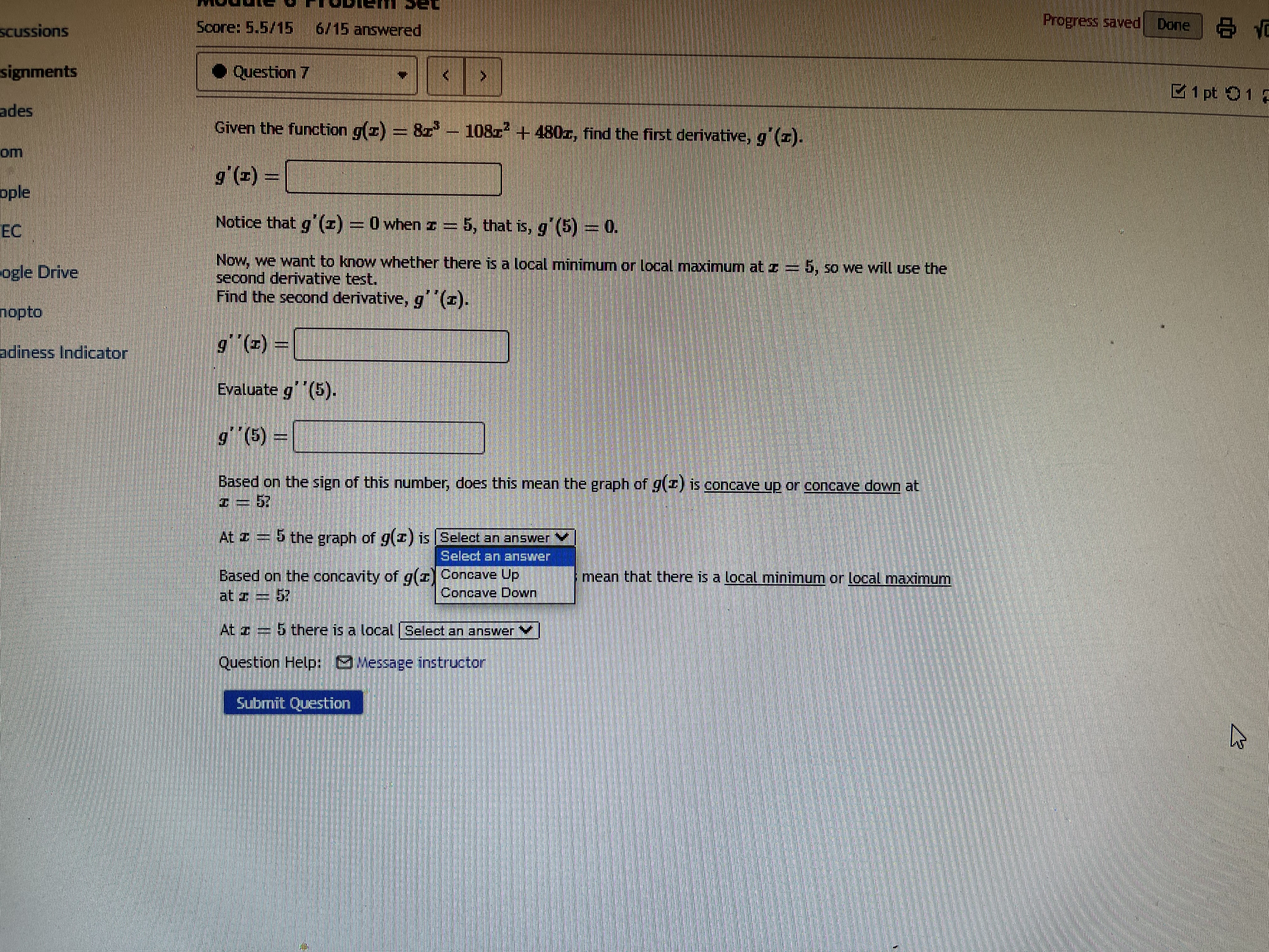 first derivative, 91:5). 91*) = Notice that g'lc} = B when :I: