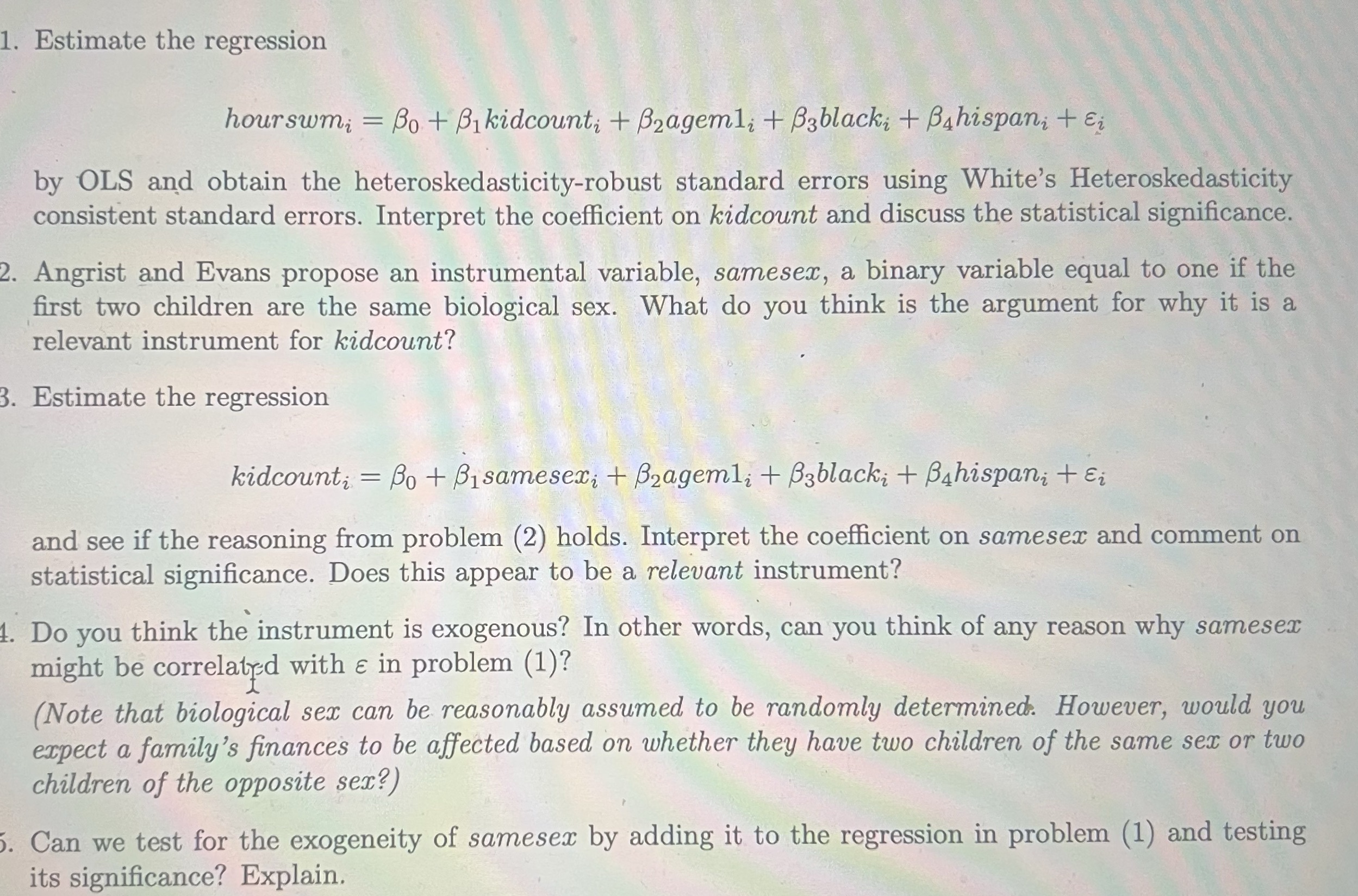  1. Estimate the regression hourswmi = Bo + Bikidcounti + Bzagemli