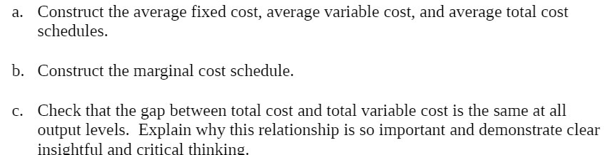  Construct the average fixed cost, average variable cost, and average total