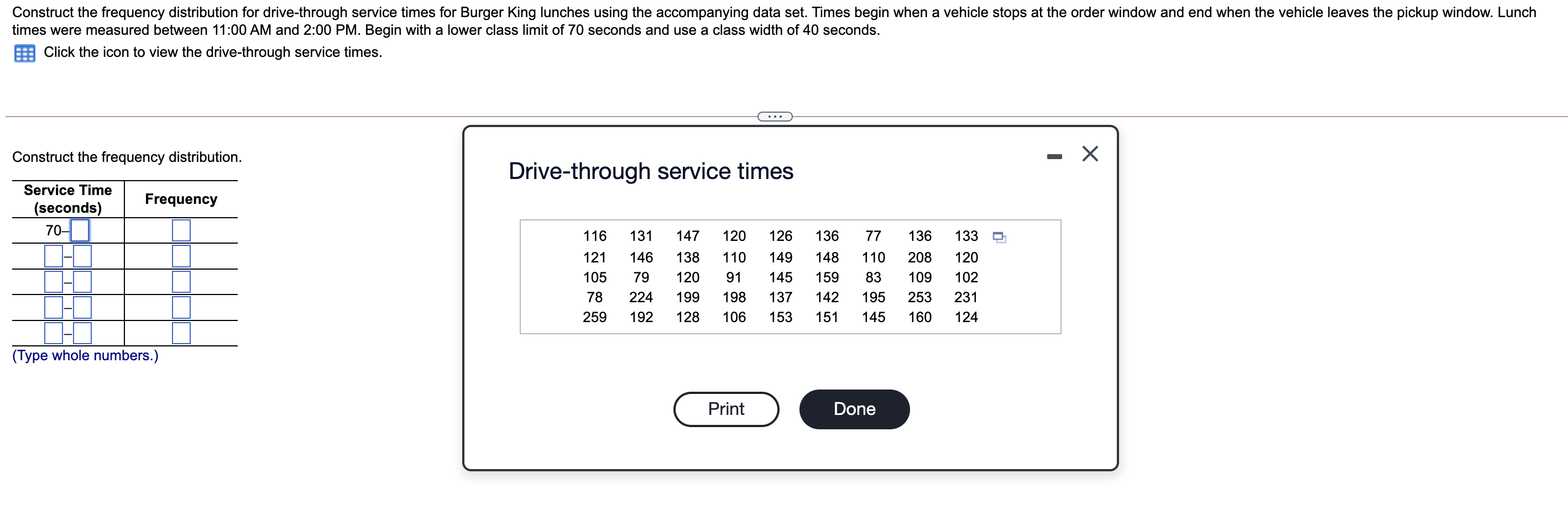 Construct the frequency distribution for drive-through service times for Burger King lunches