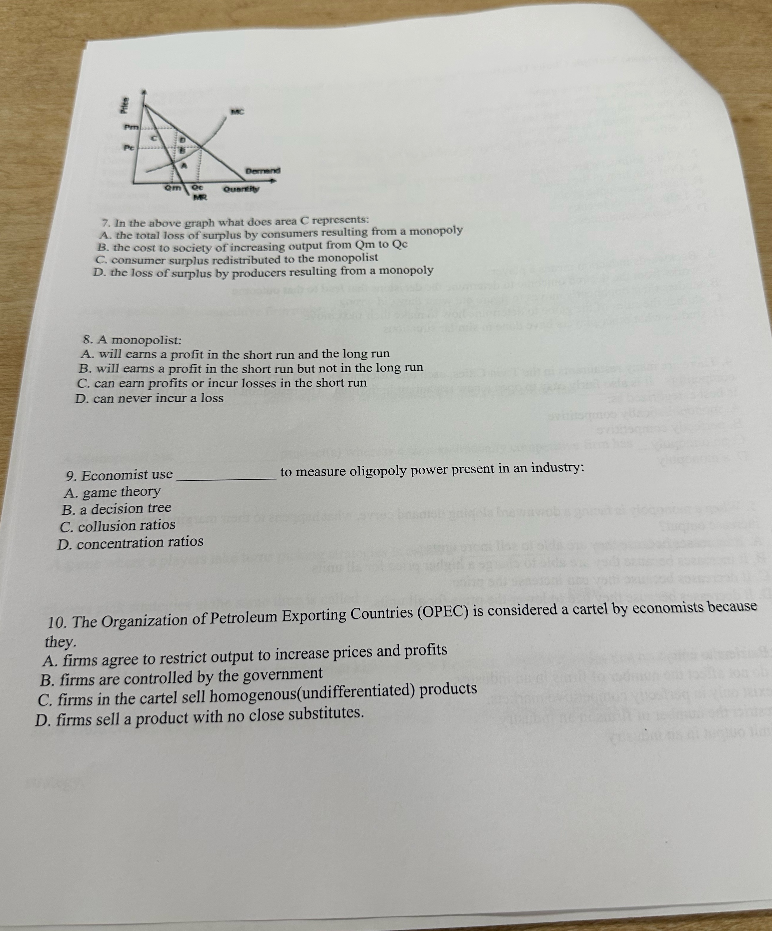 pc 7. In the above graph what does area C represents: