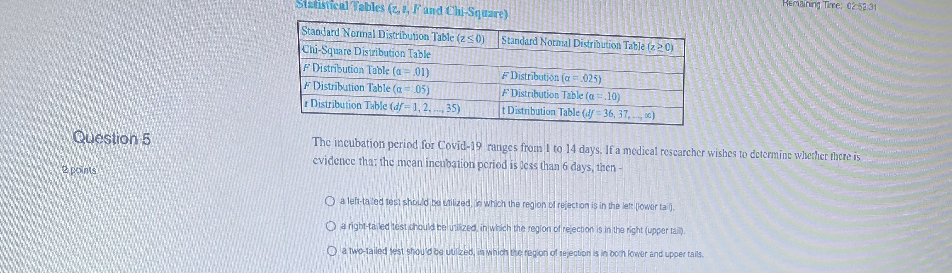 Need help with the question asap!! Remaining Time: 02:52:31 Statistical Tables (z,
