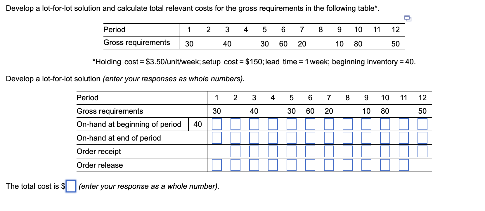 Holding cost =$3.50/ unit/week; setup cost =$150; lead time =1 week;