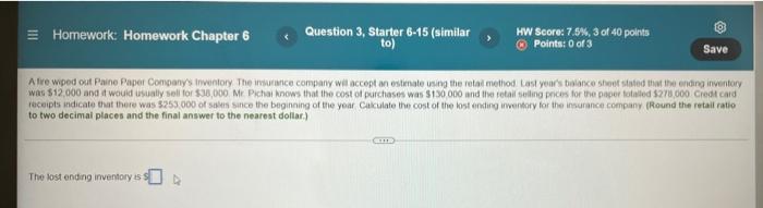  = Homework: Homework Chapter 6 Question 3, Starter 6-15 (similar to)