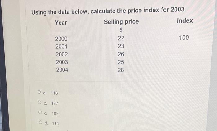  Using the data below, calculate the price index for 2003. Year
