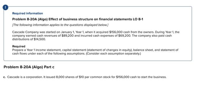 pleaseee helpp mee Required information Problem 8-20A (Algo) Effect of business structure