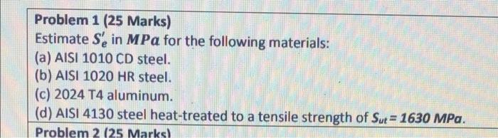  Problem 1 (25 Marks) Estimate Se in MPa for the following