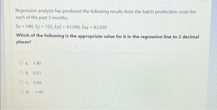  Regression analysis has produced the following results from the batch production