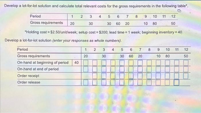  Develop a lot-for-lot solution and calculate total relevant costs for the